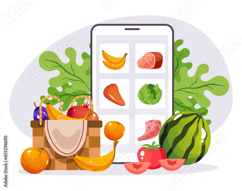 Food market farm online buy mobile app fruit vegetable concept. Vector flat graphic design illustration
