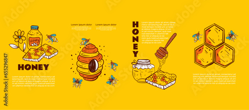 Honey bee poster flyer layout presentation brochure beekeeping honeycomb concept. Vector flat graphic design illustration