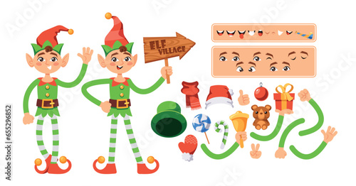 Christmas Elf Character Constructor With Body Parts In Festive Costume And Holiday Presents Set Isolated On White