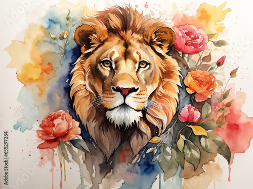 Watercolor illustration of lion surrounded by flowers and splashes of watercolor paint