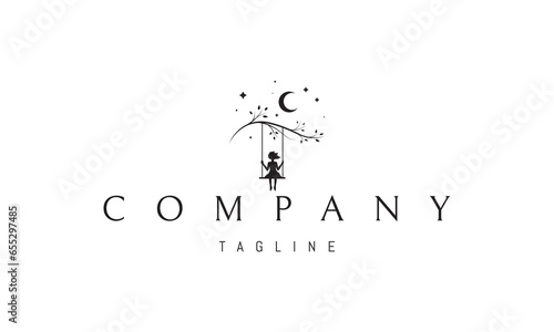 A vector logo with an abstract image of a girl riding on a swing on a tree against the backdrop of the moon and stars.