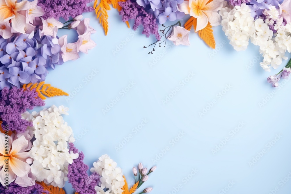 Frame with colorful flowers on clear pastel blue background. Greeting card design for holiday, Mother's day, Easter, Valentine day. Springtime composition with copy space. Flat lay, top view	 - obrazy, fototapety, plakaty 