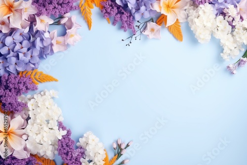 Frame with colorful flowers on clear pastel blue background. Greeting card design for holiday, Mother's day, Easter, Valentine day. Springtime composition with copy space. Flat lay, top view	