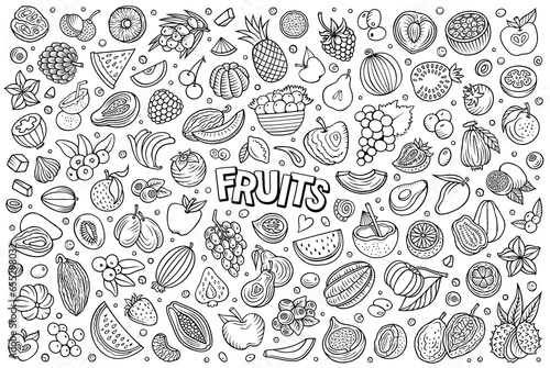 Cartoon Fresh Fruits objects and symbols doodle set