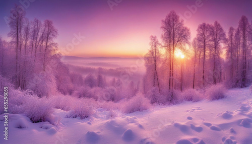 Winter Panorama Landscape with Snow-Covered Forest and Sunrise © Abood