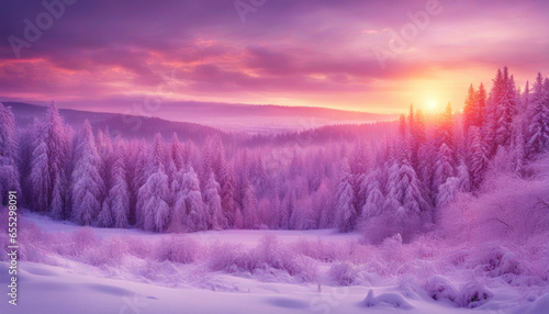 Winter Panorama Landscape with Snow-Covered Forest and Sunrise