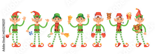 Cute Playful Christmas Elf Boy, Santa Claus Helper in Green Costume and Stockings with Gift Box, Bell and Toy in Hands