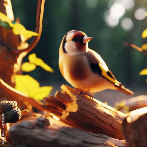 American goldfinch in a wood tree photo