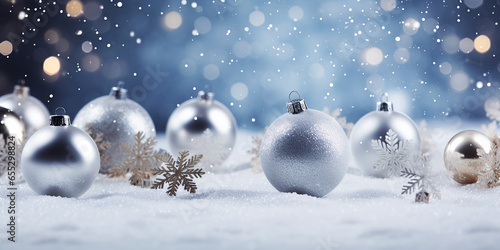 Сhristmas balls on snow. Holiday concept for banner, greeting card, invitation. © Katynn