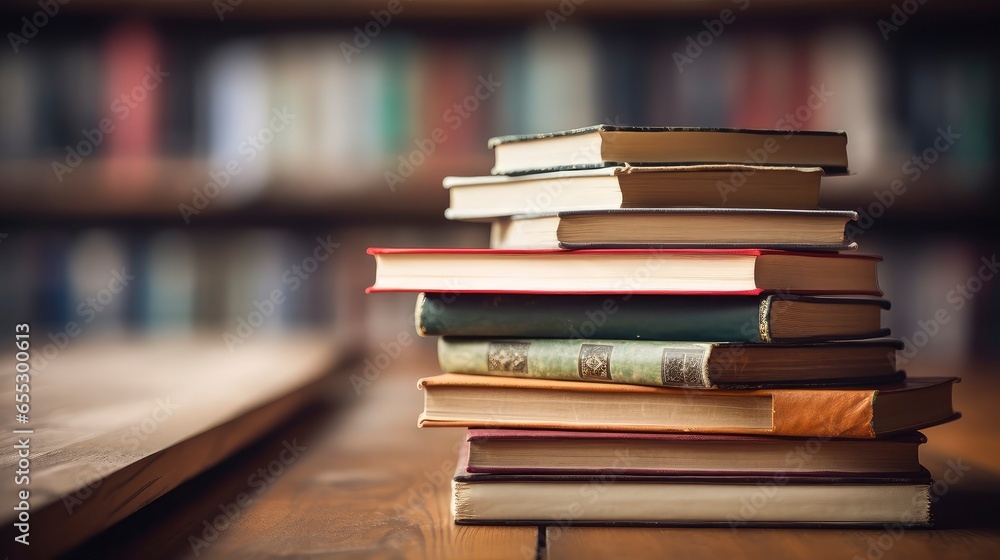 Stack of books in library on wooden table Stack of books in library on wooden table