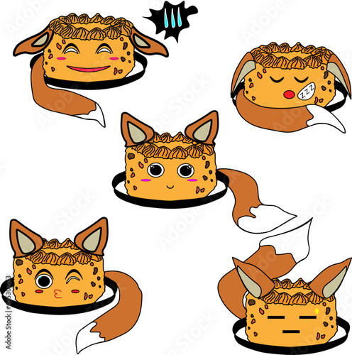 set of illustration stickers of a cake with a fox tail and ears anime culture