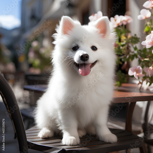 White puppy sticking out its tongue and smiling brightly