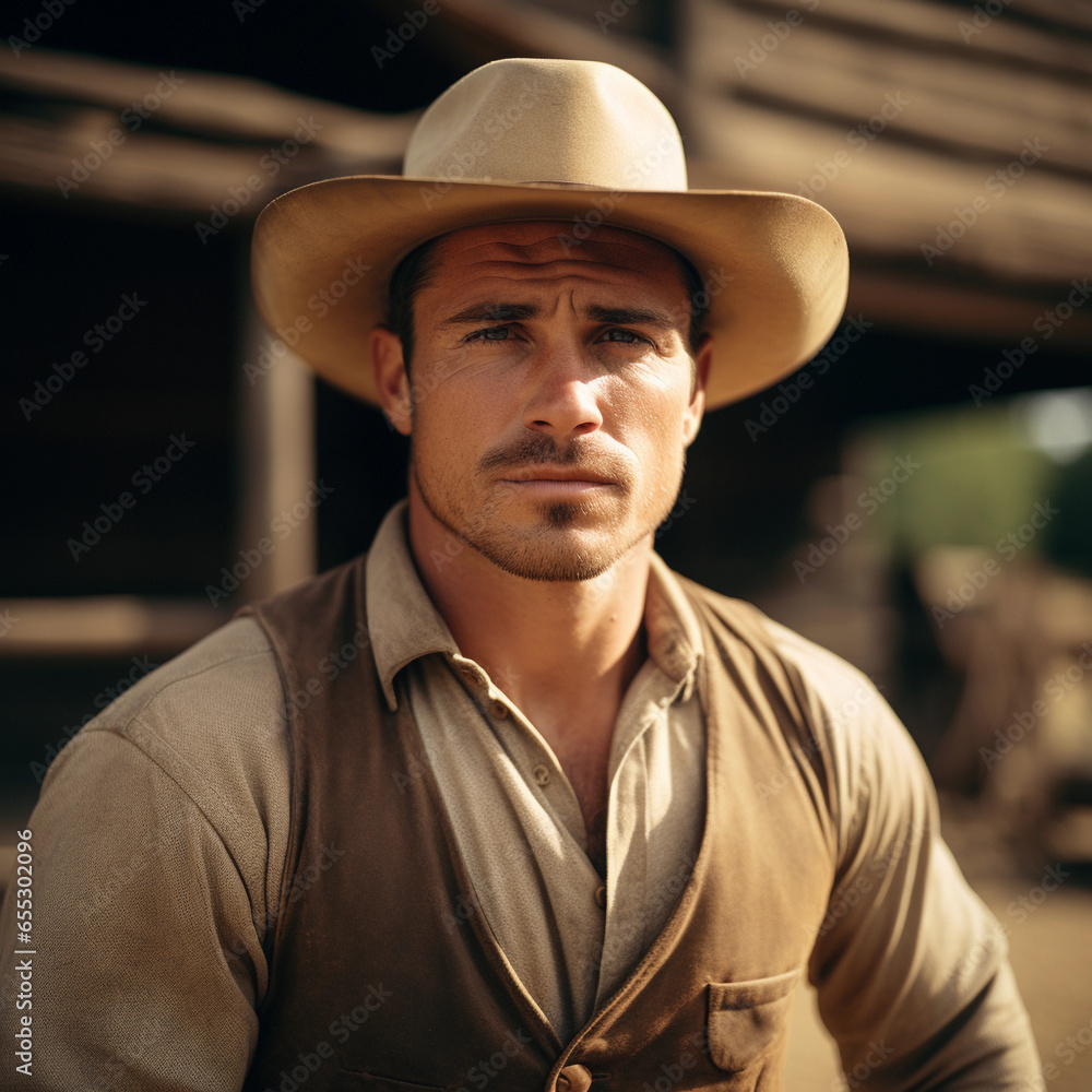 Western Charisma: A muscular, handsome cowboy displaying a blend of seriousness and joy on the farm Western Charisma: A muscular, handsome cowboy displaying a blend of seriousness and joy on the farm
