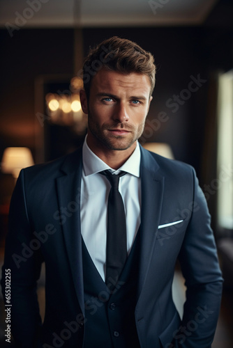 Elegant Vision: A successful businessman, top model with brown hair, blue eyes, dressed in a refined suit