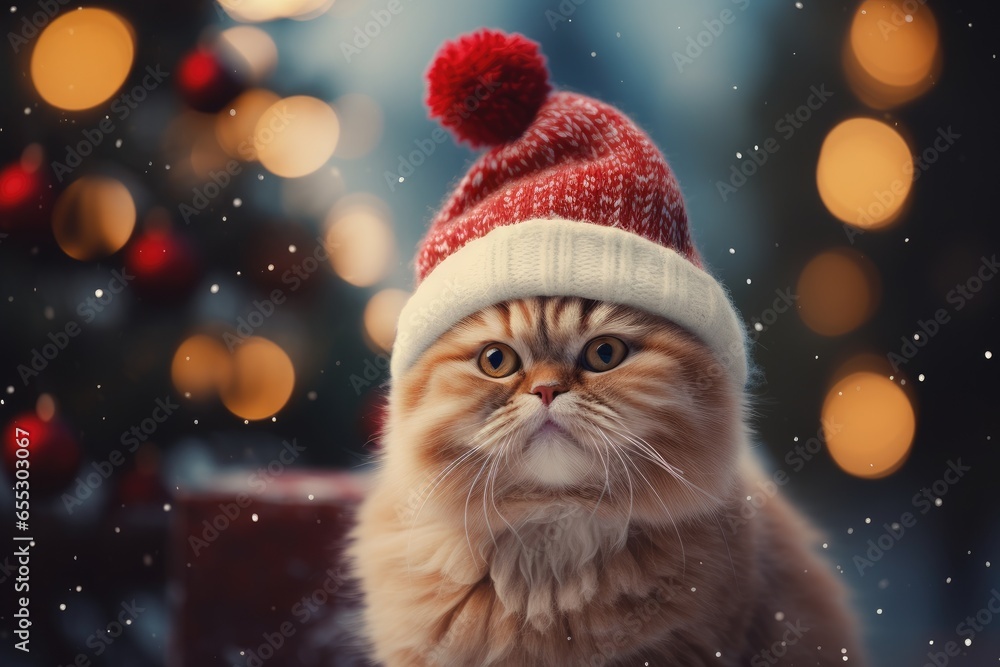 Obraz premium Cute funny orange cat in Santa Claus red hat on blured background with golden lights. Happy New Year and Christmas concept