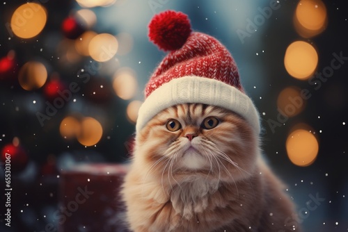 Cute funny orange cat in Santa Claus red hat on blured background with golden lights. Happy New Year and Christmas concept © ratatosk