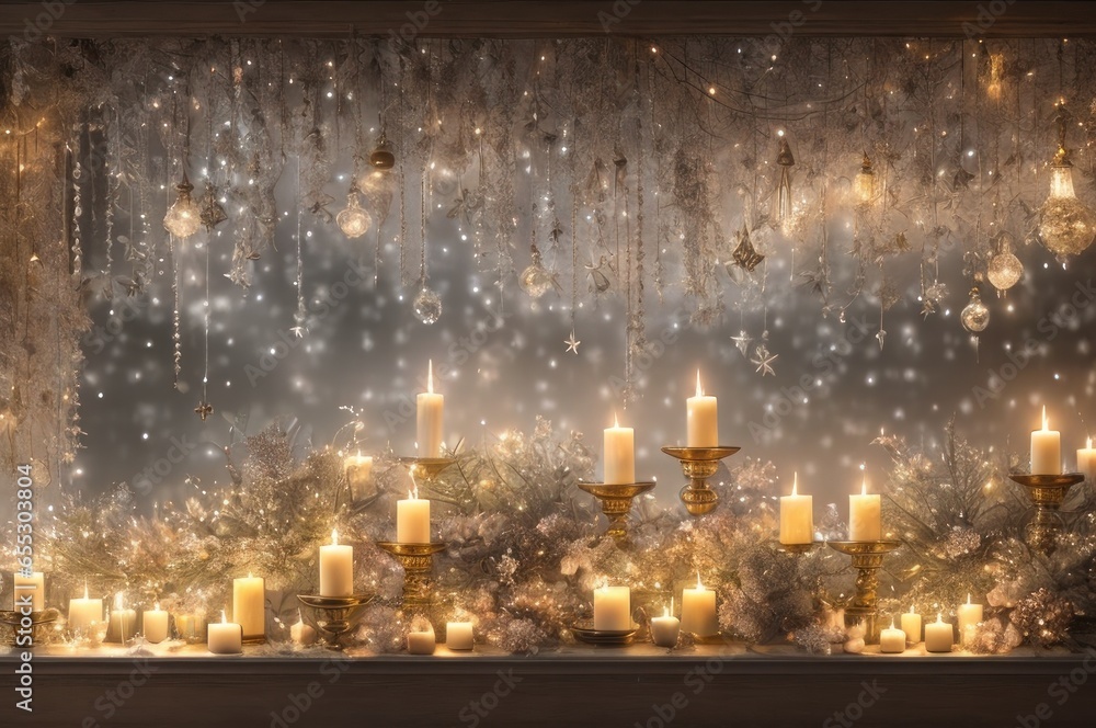 Warm cozy magic evening in luxury old Christmas living room fairy tale interior design, panoramic windows, Xmas tree decorated by lights, candles, lanterns, garland lighting. New year holidays