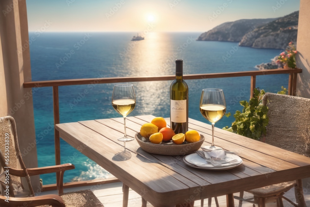 Table on a terrace with two glasses of wine, fruits, sunshine, summer vibes vacation, sea in the background. Served table on a luxury villa with sea view