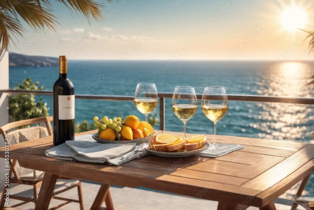 Table on a terrace with two glasses of wine, fruits, sunshine, summer vibes vacation, sea in the background. Served table on a luxury villa with sea view - obrazy, fototapety, plakaty 