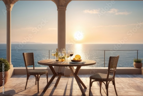 Table on a terrace with two glasses of wine, fruits, sunshine, summer vibes vacation, sea in the background. Served table on a luxury villa with sea view