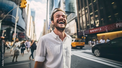 In the heart of the urban landscape, a man emanates sheer contentment, his grin reflecting profound lucidity and peace, becoming an emblem of optimism. Generative AI.