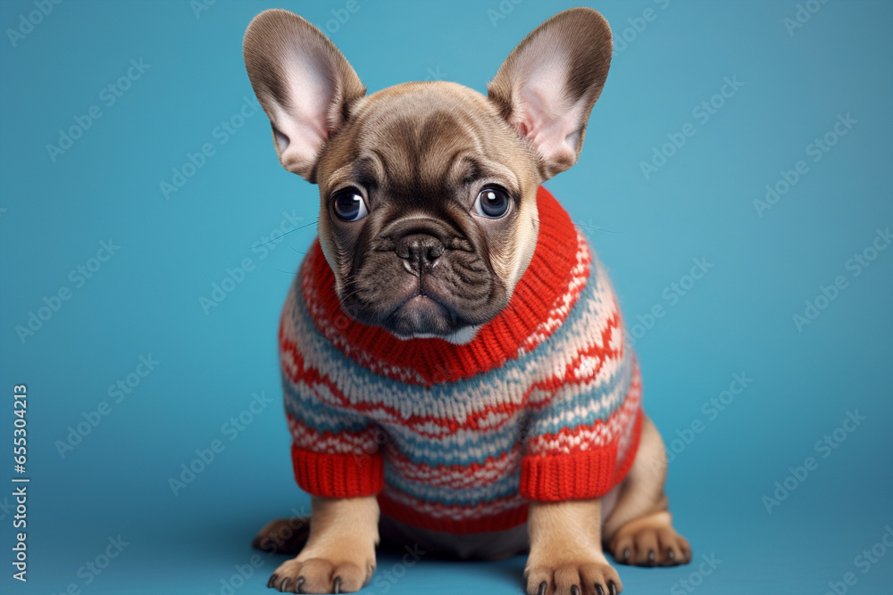 French Bulldog dog puppy with red knitted winter sweater on blue background