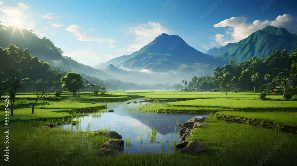 a potrait of large ricefield, with mountain background - obrazy, fototapety, plakaty 