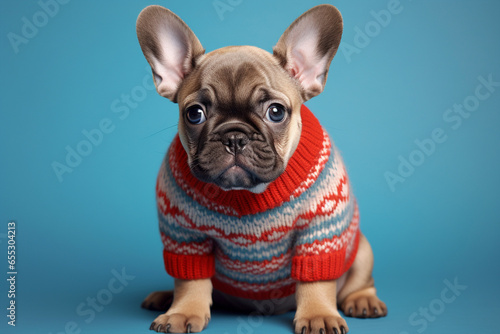 French Bulldog dog puppy with red knitted winter sweater on blue background
