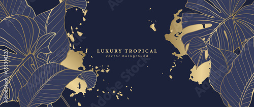 Dark blue tropical luxury background with golden monstera leaves and banana leaves. Abstract vector background with gold splashes for creating cards and diplomas. Frame for photo or text