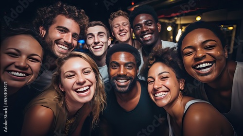 In a bustling city, diverse individuals from various countries and races come together, their faces glowing with genuine joy. Sharing a moment of clarity and love, they pose as a symbol of unity and e