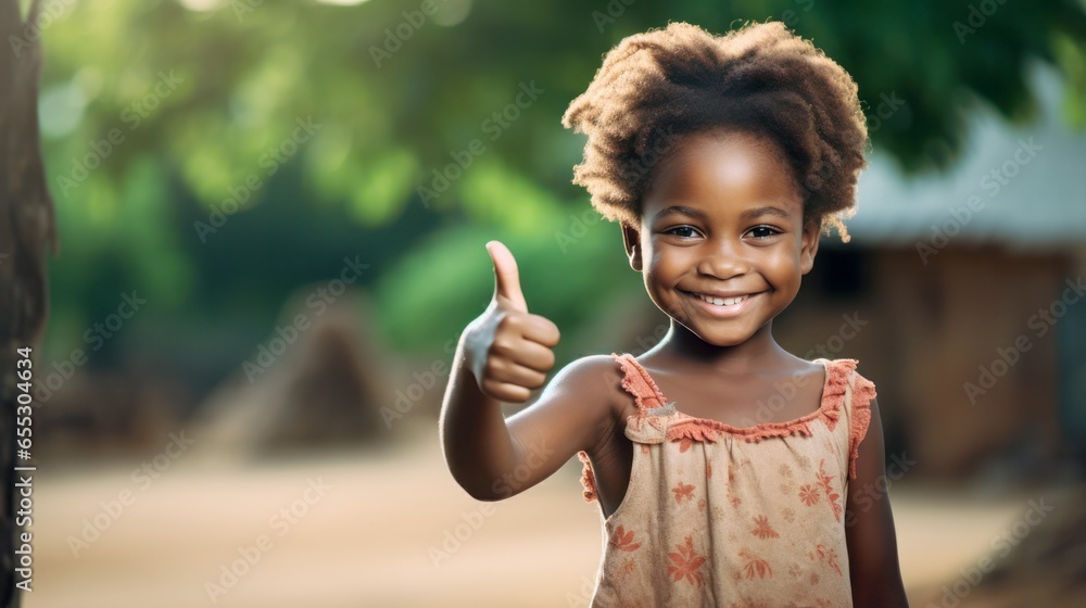 little African girl showing thumb up outdoor - obrazy, fototapety, plakaty 
