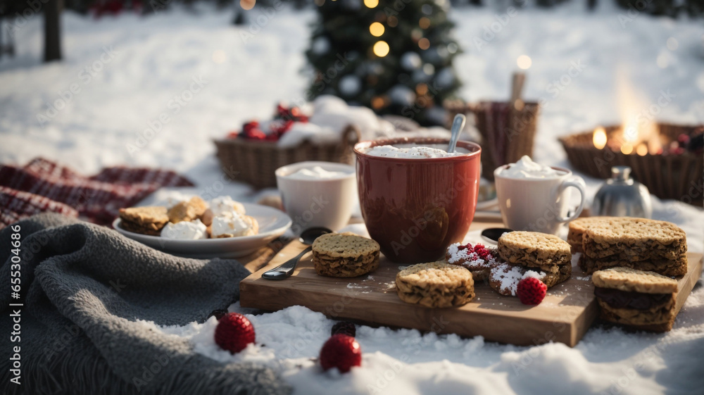Cozy Winter Picnic Scene with Blanket, Hot Cocoa, and Festive Treats Surrounded by Snow - Generative AI Cozy Winter Picnic Scene with Blanket, Hot Cocoa, and Festive Treats Surrounded by Snow - Generative AI