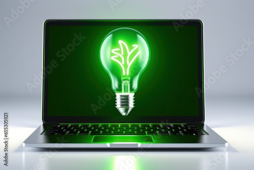 Green Computing Illustrated: Light Bulb with filament shaped like a green plant on White Background