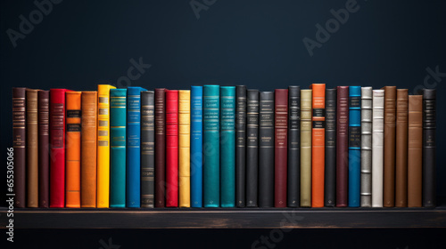 A row of colorful books in a library