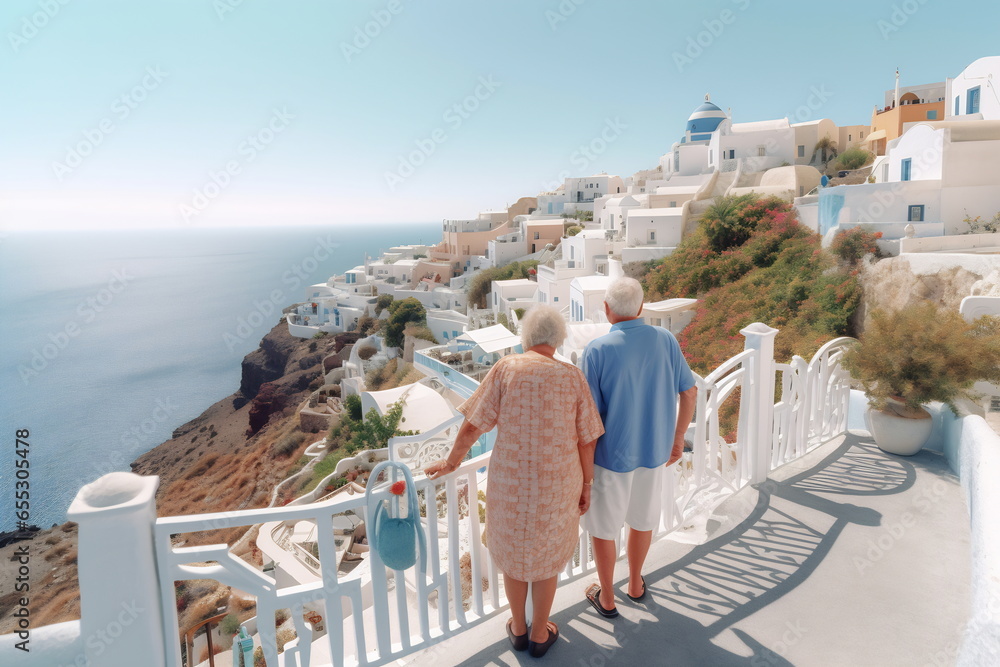 Elderly woman and man on their summer vacation walk on greek island Santorini