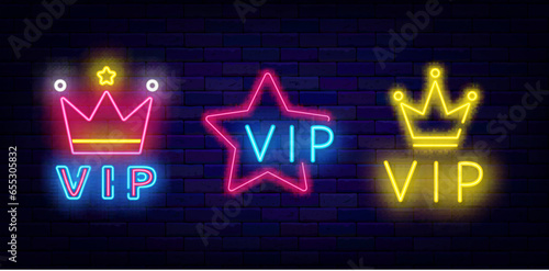Vip neon labels collection. Very important person label. Crown icons. Premium quality. Vector stock illustration