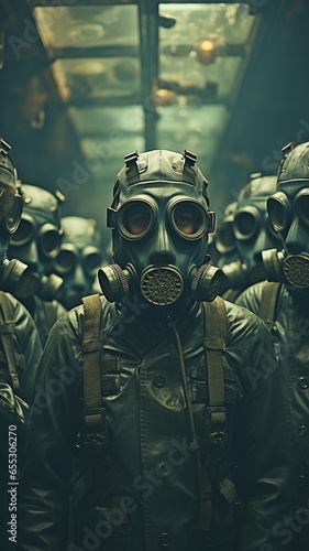 Gas-mask-wearing soldiers are depicted in a collage..