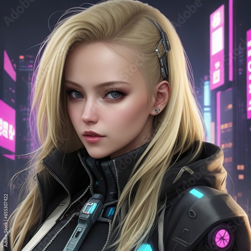 A cyberpunk avatar in a neon-lit city. The suit has blue lights and a high collar. A photo realistic image of a cyberpunk style avatar.