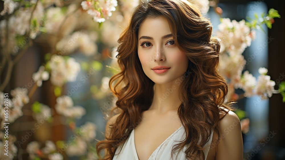 Beautiful Japanese women are depicted in a white sundress against a floral backdrop.. Beautiful Japanese women are depicted in a white sundress against a floral backdrop..