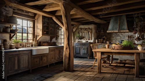A rustic barn kitchen with reclaimed wood beams, a farmhouse sink, and pendant lights