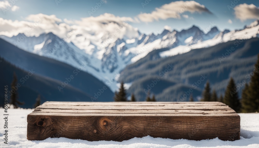 Empty Blank Rustic Old Wooden Podium Platform Stand with Snow Capped Mountains View Snowy Nature Background National Park Landscape Backdrop Outdoors Mockup Product Display Showcase Montage Natural - obrazy, fototapety, plakaty 