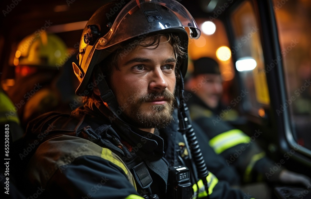 At night, the fire department showed up. a firefighter in a protective suit talking on the radio while seated inside the fire vehicle.. At night, the fire department showed up. a firefighter in a protective suit talking on the radio while seated inside the fire vehicle..