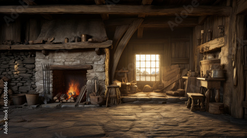 A rustic cabin interior with exposed wooden beams and a stone fireplace © Textures & Patterns