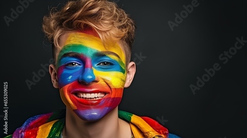 portrait of young handsome stylish smiling happy boy with LGBT flag painted on his cheek  holding LGBT ai generated