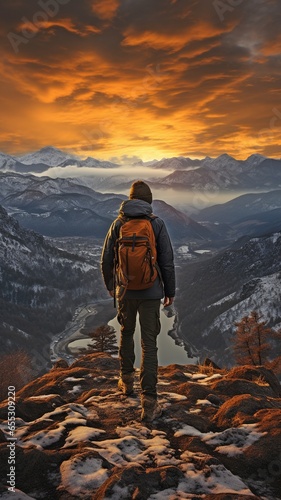 Person standing on a snow-covered ledge overlooking the stunning sunset vista of mountains.