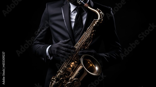 Man Wearing Suit Playing Saxophone in Black Isolated Background