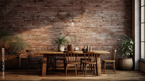 A rustic dining room with an exposed brick wall, a wooden table, and metal chairs