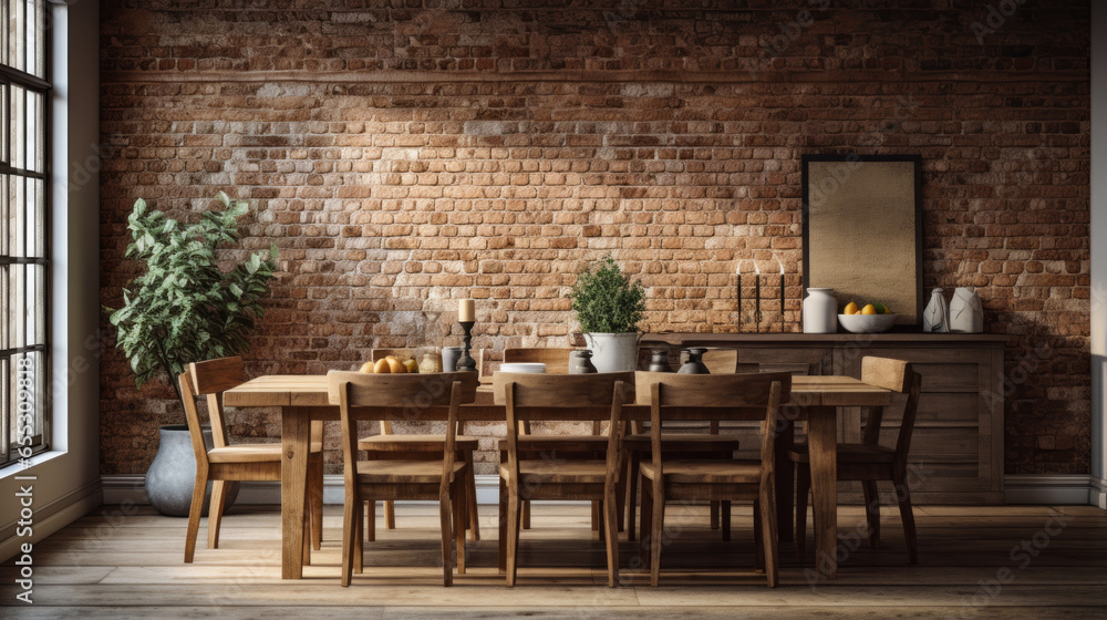 A rustic dining room with an exposed brick wall, a wooden table, and metal chairs A rustic dining room with an exposed brick wall, a wooden table, and metal chairs