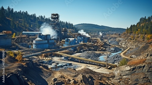 Manufacturing plant for cement on a mining quarry. Stones and gravel are loaded onto a conveyor belt by large equipment..