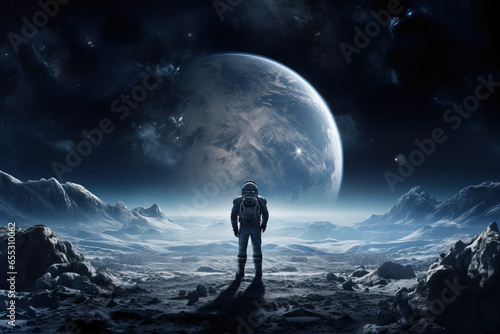 Fototapeta Naklejka Na Ścianę i Meble -  An astronaut stands lonely on their own looking out over a barren landscape at a large planet in the sky, blue hue